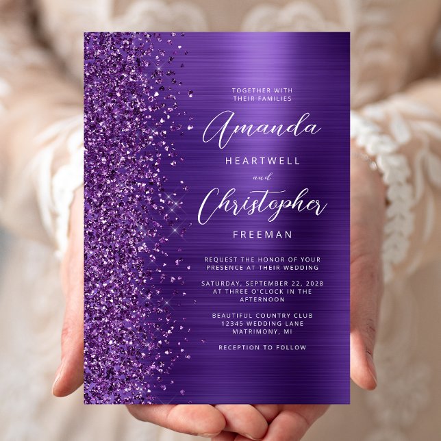 Purple Glam Metallic Modern Script Wedding Invitation (Creator Uploaded)