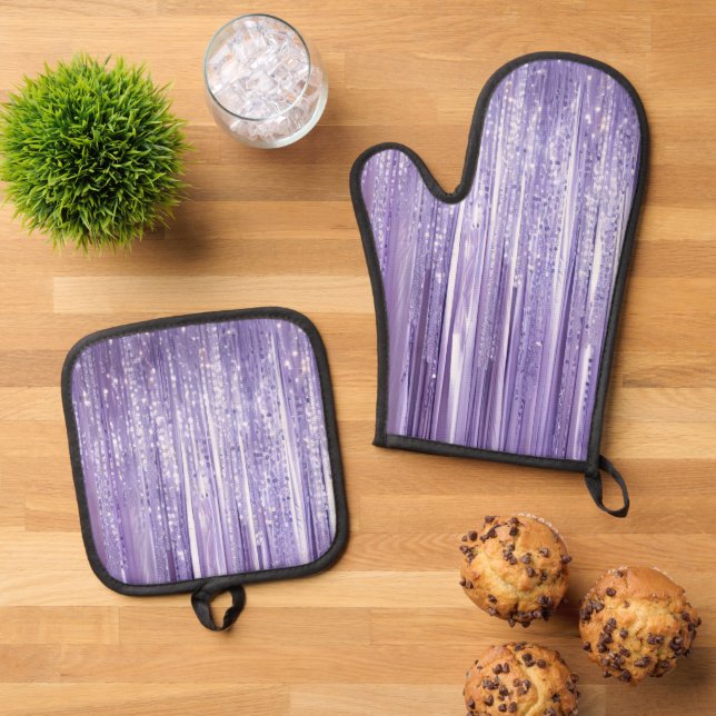 Purple Glam Tinsel Stripes  Oven Mitt & Pot Holder Set (Top Down)