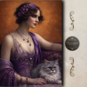 Purple Glam Woman Cat Decoupage Tissue Paper