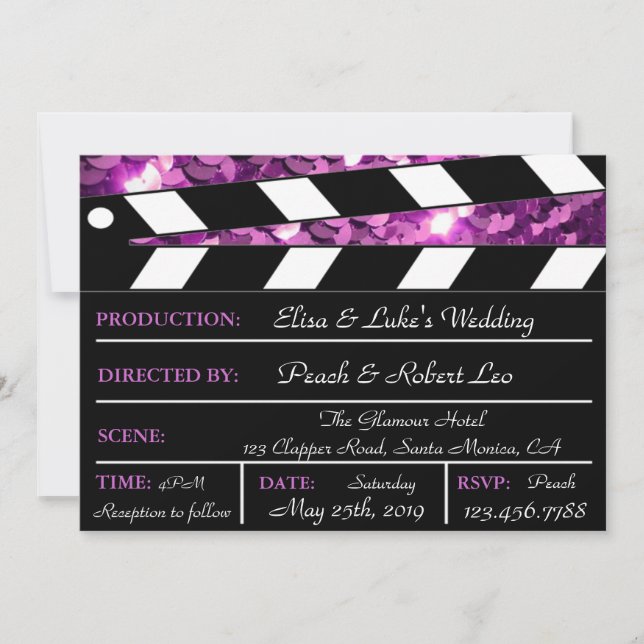 Purple Glamour Clapper Board Wedding Invite (Front)