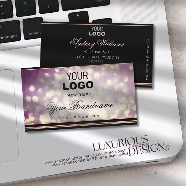 Purple Glamour Glitter Logo Black Rose Gold Border Business Card (Creator Uploaded)