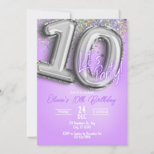 Purple Glitter 10th Birthday Invitation