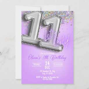 Purple Glitter 11th Birthday Invitation