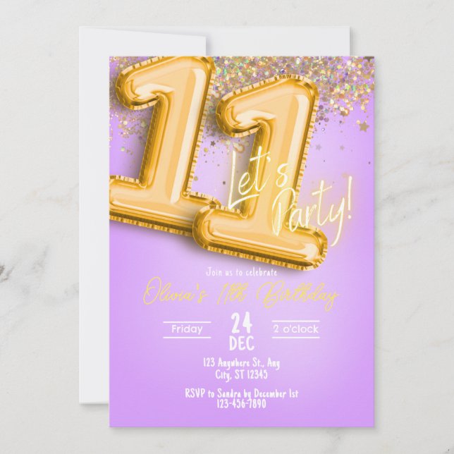 Purple Glitter 11th Birthday Invitation (Front)