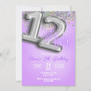 Purple Glitter 12th Birthday Invitation