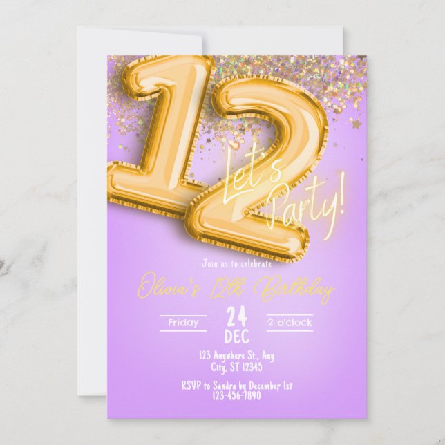 Purple Glitter 12th Birthday Invitation (Front)