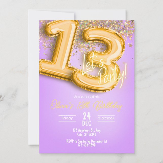 Purple Glitter 13th Birthday Invitation (Front)