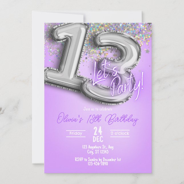 Purple Glitter 13th Birthday Invitation (Front)