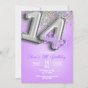 Purple Glitter 14th Birthday Invitation