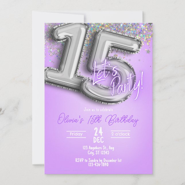 Purple Glitter 15th Birthday Invitation (Front)