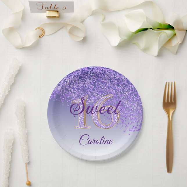 Purple Glitter, 16 Glitter, Sweet 16 Birthday Pape Paper Plate (Wedding)
