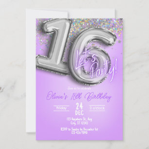 Purple Glitter 16th Birthday Invitation