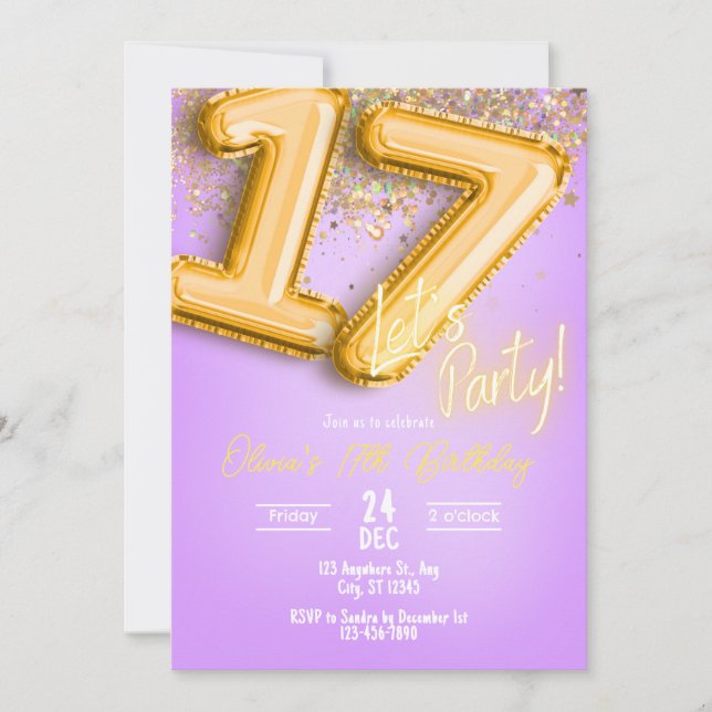 Purple Glitter 17th Birthday Invitation (Front)