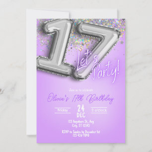 Purple Glitter 17th Birthday Invitation