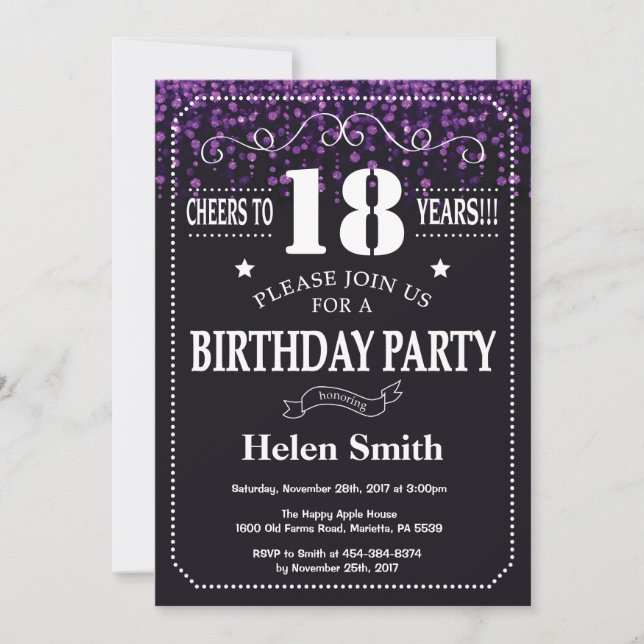 Purple Glitter 18th Birthday Invitation (Front)