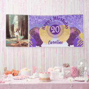 Purple Glitter 20th Birthday & Balloons  Banner