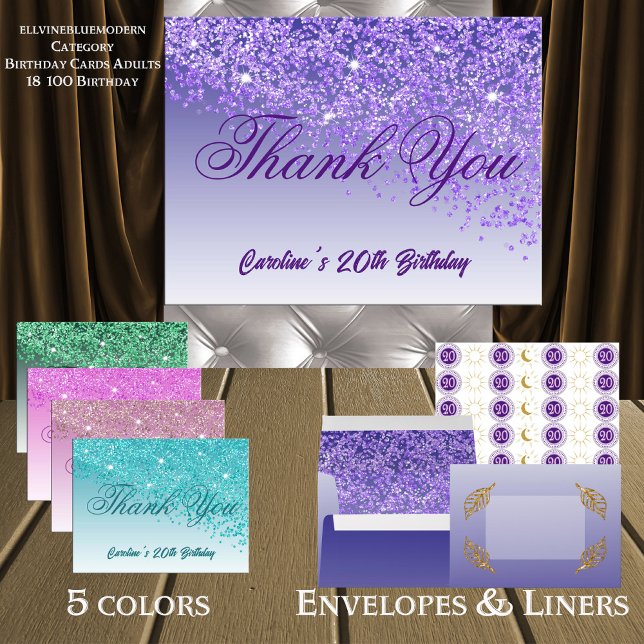 Purple Glitter, 20th Birthday Thank You Postcard (Creator Uploaded)