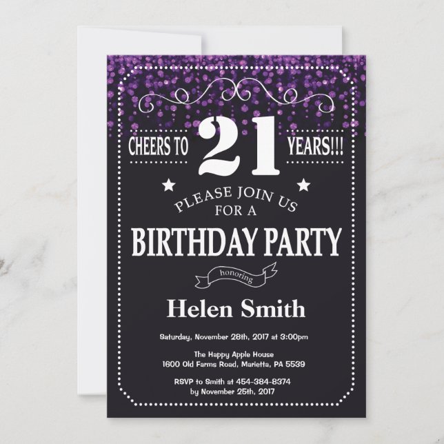 Purple Glitter 21st Birthday Invitation (Front)