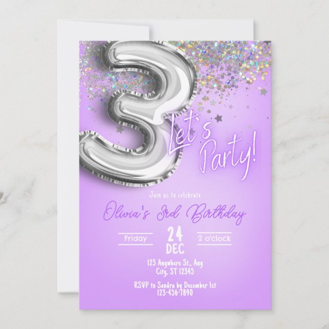 Purple Glitter 3rd Birthday Invitation (Front)