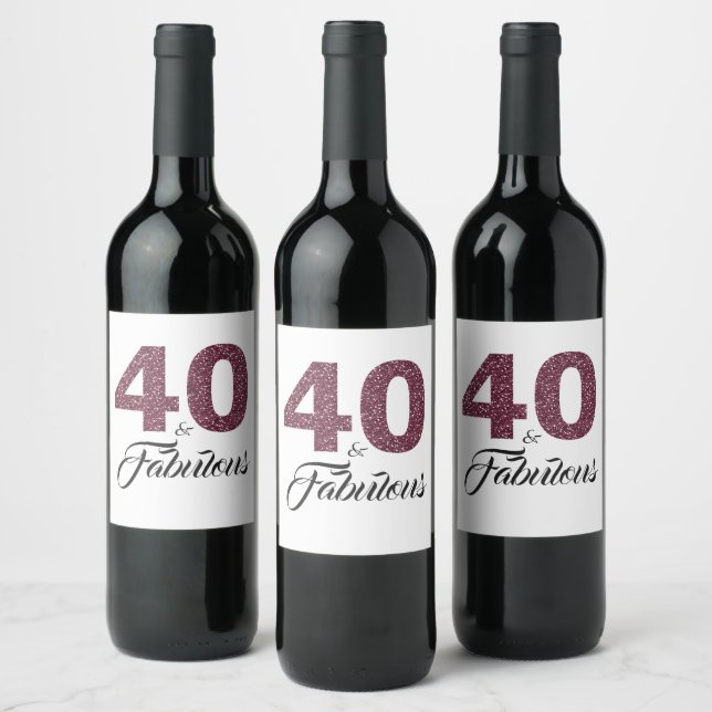 Purple Glitter 40 and Fabulous 40th Birthday Party Wine Label (Bottles)