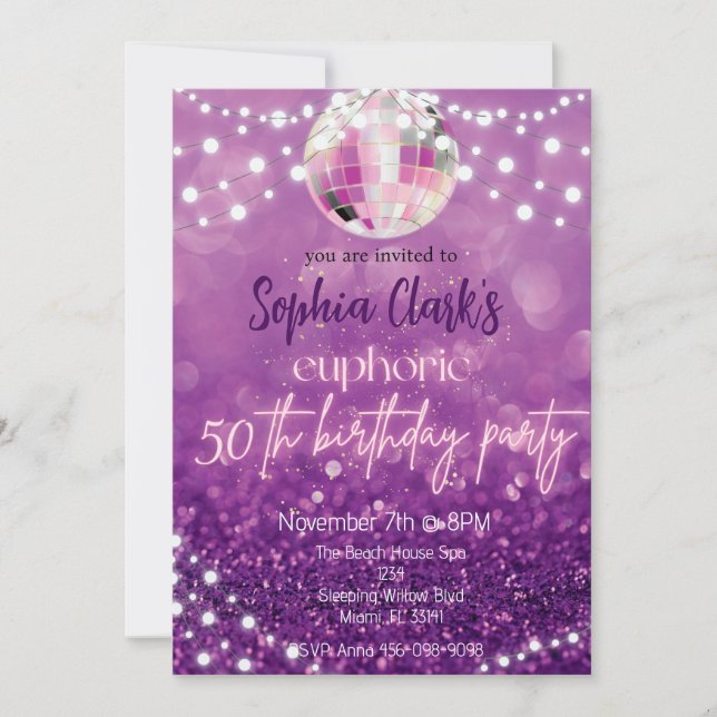 Purple Glitter 50th Birthday Euphoria Invitation  (Front)