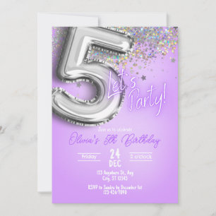 Purple Glitter 5th Birthday Invitation