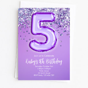 Purple Glitter 5th Birthday Invitation