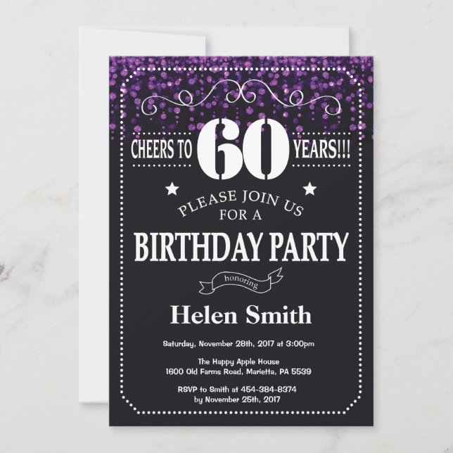 Purple Glitter 60th Birthday Invitation (Front)
