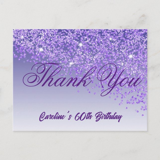 Purple Glitter, 60th Birthday Thank You Postcard (Front)