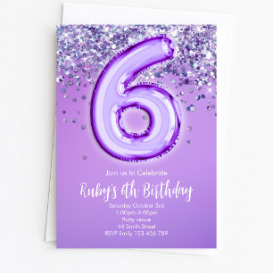 Purple Glitter 6th Birthday Invitation