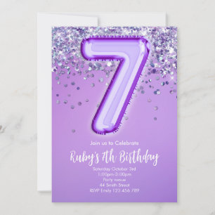 Purple Glitter 7th Birthday Invitation