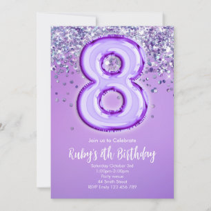 Purple Glitter 8th Birthday Invitation