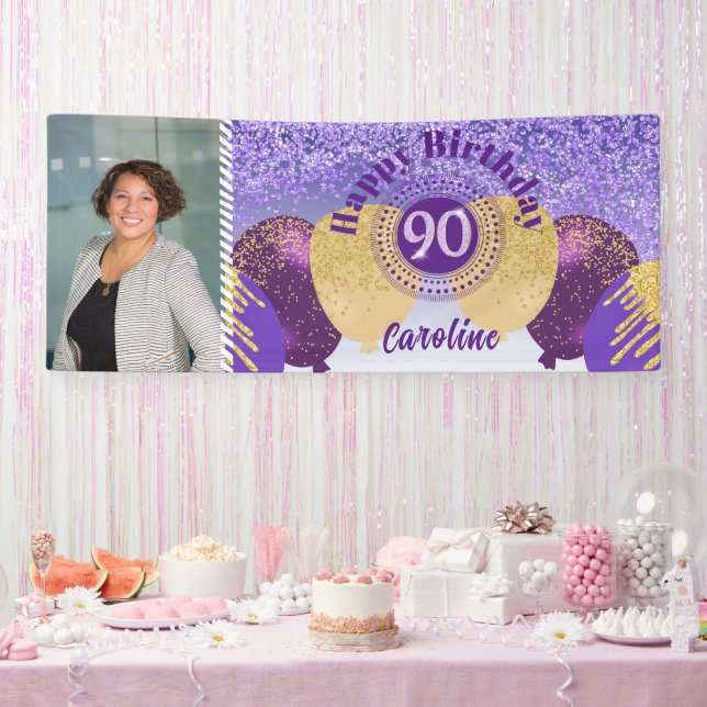 Purple Glitter 90th Birthday & Balloons  Banner (Party)