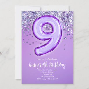 Purple Glitter 9th Birthday Invitation