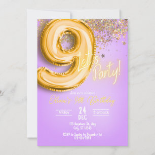 Purple Glitter 9th Birthday Invitation