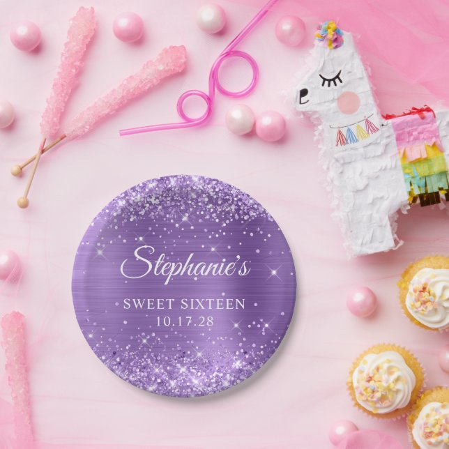 Purple Glitter and Foil Sweet Sixteen Paper Plate (Party)