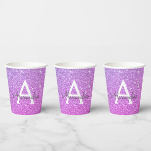 Purple Glitter and Sparkle Monogram Paper Cups