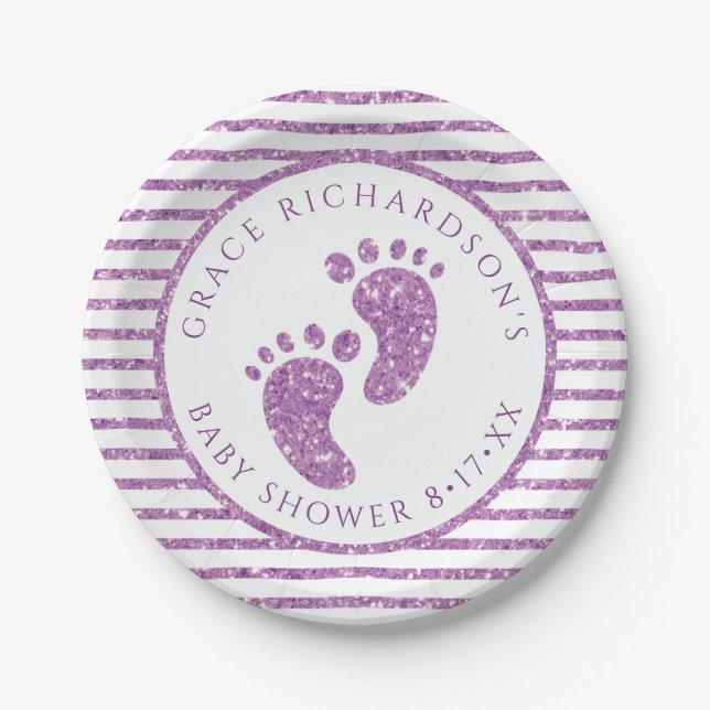 Purple Glitter Baby Feet Baby Shower Personalised  Paper Plate (Front)