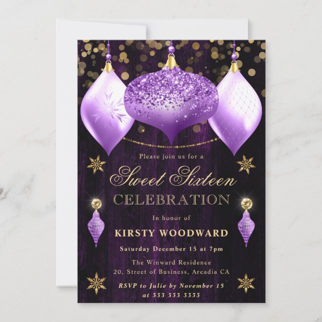 Purple Glitter Baubles Christmas Sweet 16 Invitation (Front)