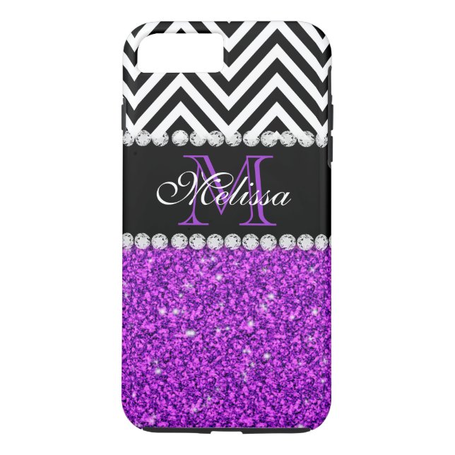PURPLE GLITTER BLACK CHEVRON MONOGRAMMED Case-Mate iPhone CASE (Back)