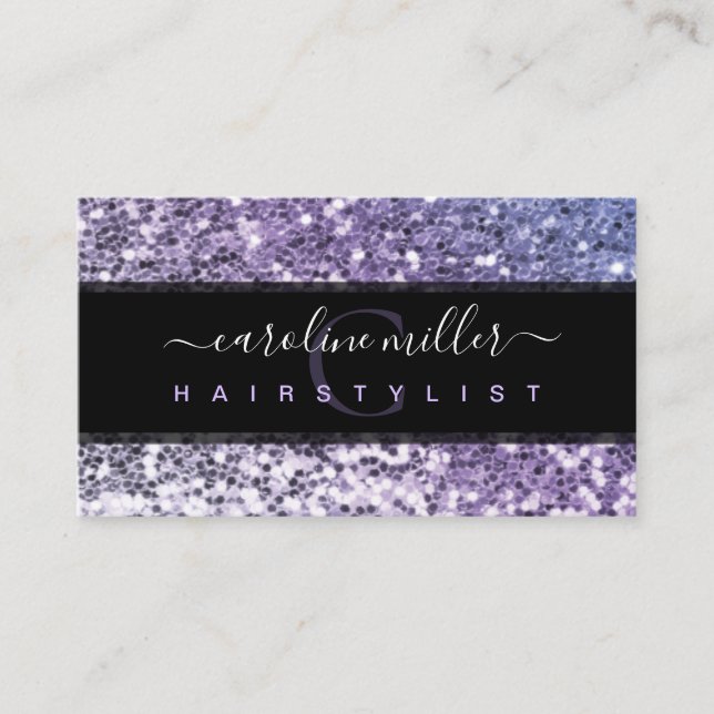 Purple Glitter Black Monogram Trendy Beauty Salon  Business Card (Front)
