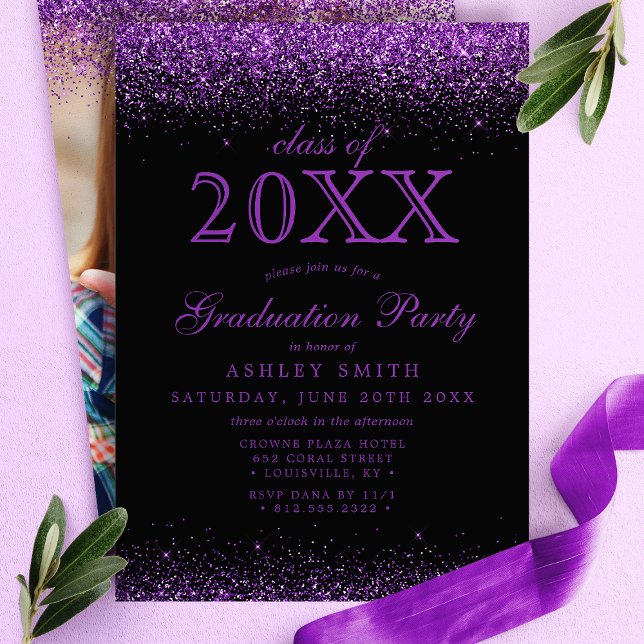 Purple Glitter Black Photo Graduation Invitation (Creator Uploaded)