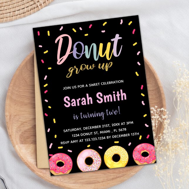 Purple Glitter Black Pink Doughnut Birthday Invitation (Purple Glitter Black Pink Donut Birthday Invitation)