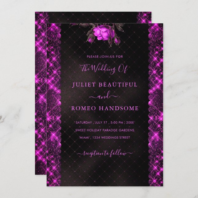 Purple Glitter Black Wedding Invitation Template (Front/Back)