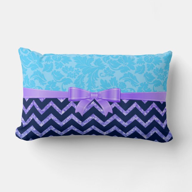 Purple Glitter Blue Chevron Blue Damasks Lumbar Cushion (Front)