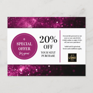 Purple Glitter Bokeh Coupon Discount Postcard