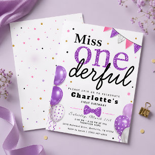 Purple Glitter Bow 1st Birthday Party Invitation