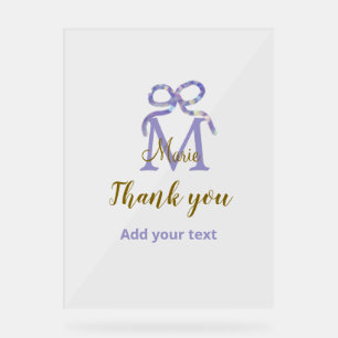 Purple glitter bow add name letter monogram thank  acrylic sign