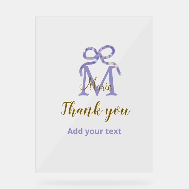 Purple glitter bow add name letter monogram thank  acrylic sign (Front)