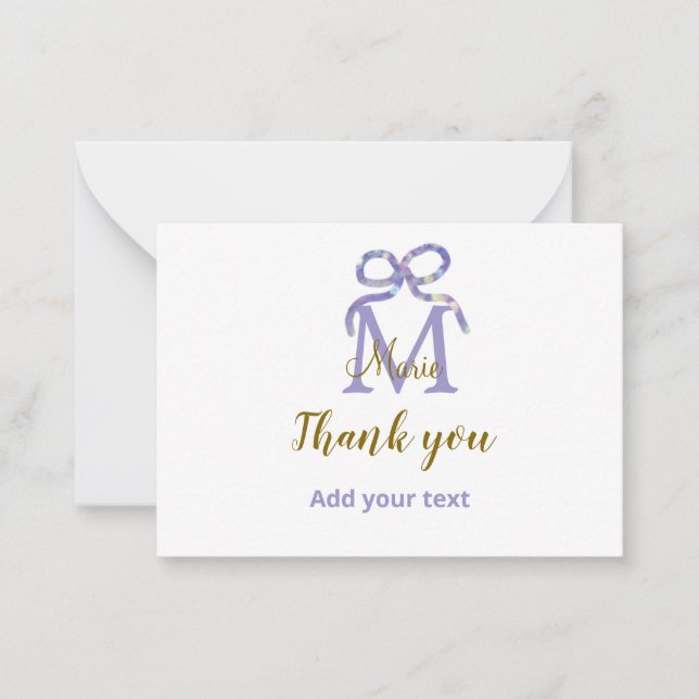 Purple glitter bow add name letter monogram thank  card (Front)